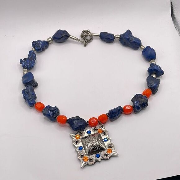 Blue Sodalite Orange Glass Beaded Necklace Silvertone Metal Rhinestone Medalion - Picture 7 of 9